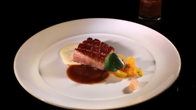 french duck breast . lotus seed mash citrus garden . vanilla hoisin sauce